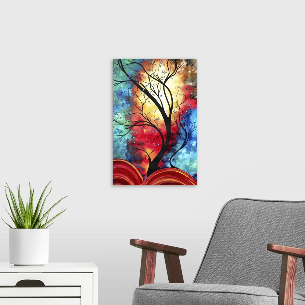 A modern room featuring Modern contemporary painting of a dark tree curving upwards with a brightly colored sky on canvas.