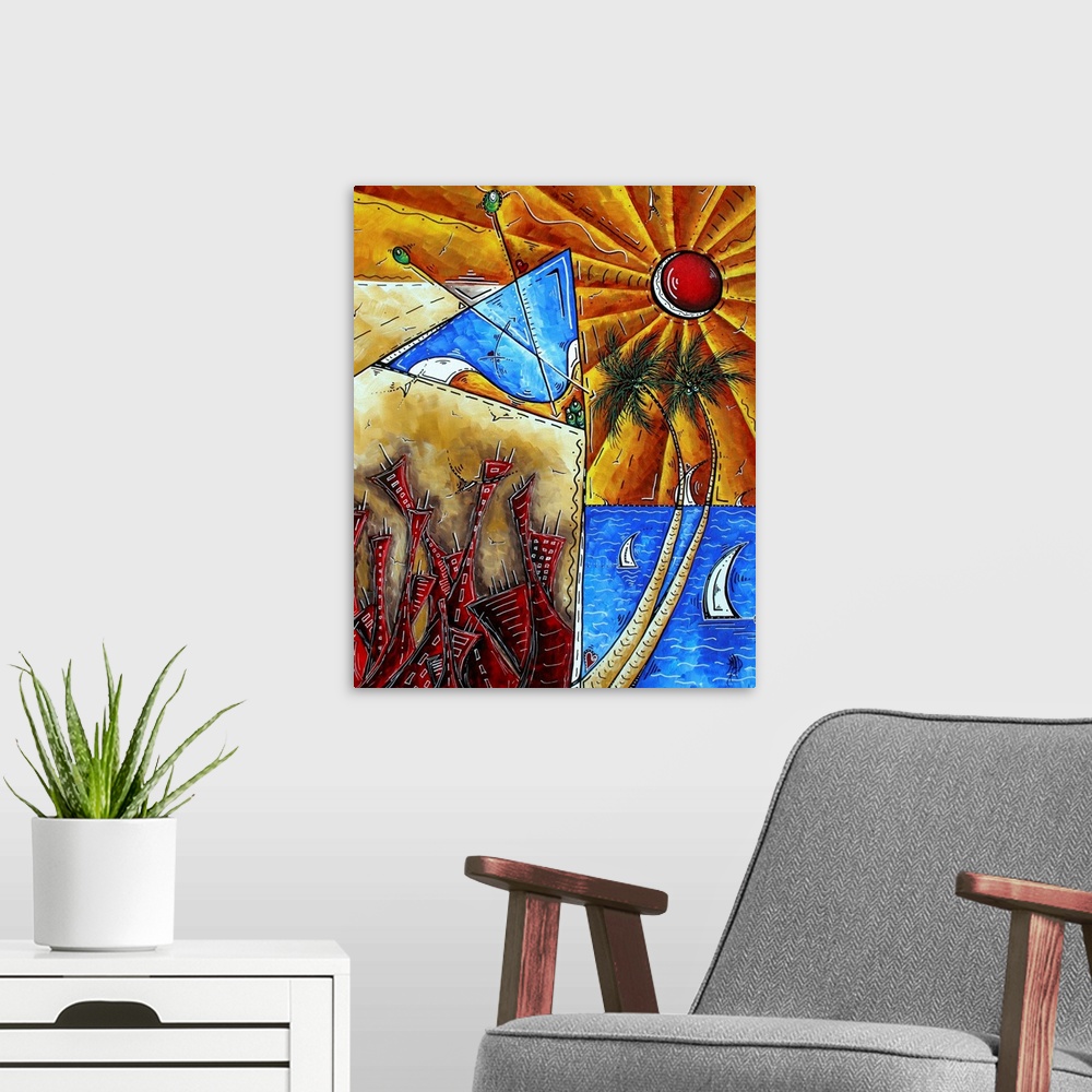 A modern room featuring An original, coastal, cityscape, tropical martini painting in MADART's signature style. This pain...