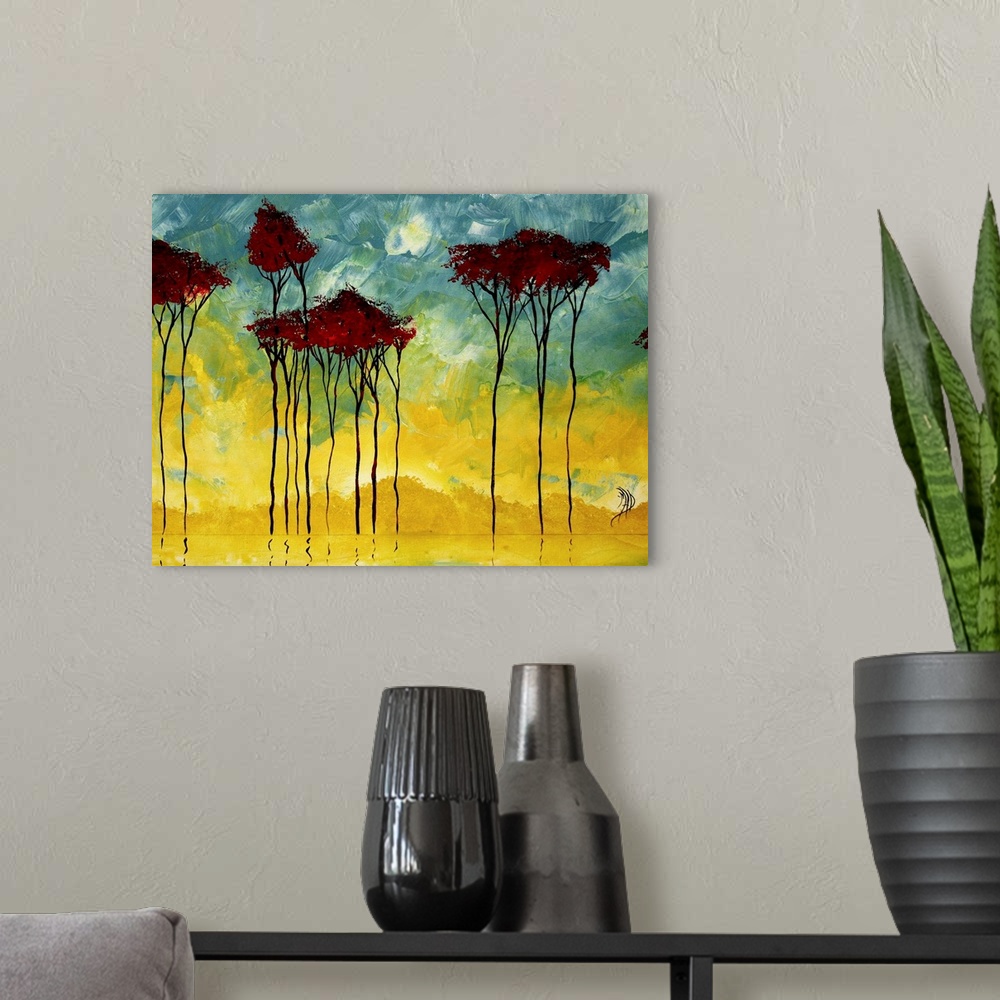 A modern room featuring Large painting of a row of trees reflecting off a pond. Mix of cool and vibrant tones.