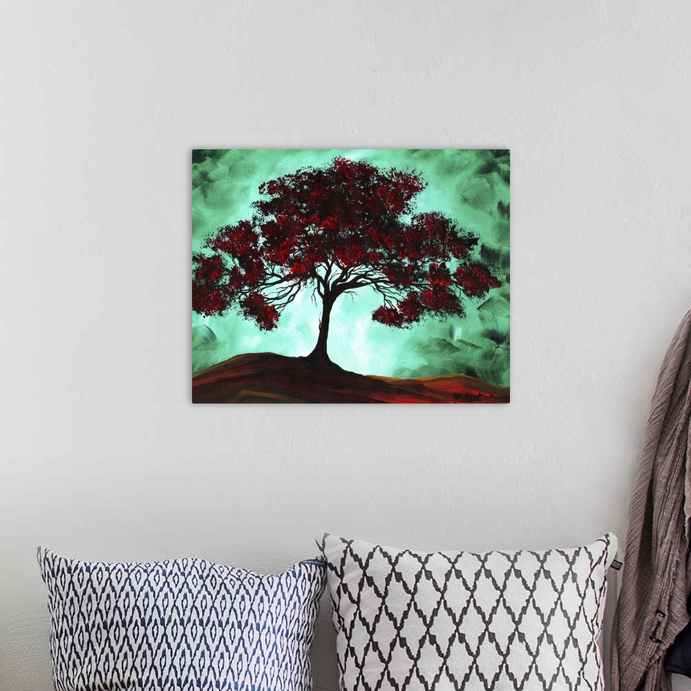 A bohemian room featuring Contemporary painting of a large tree that has red leaves and a glowing green background to contr...