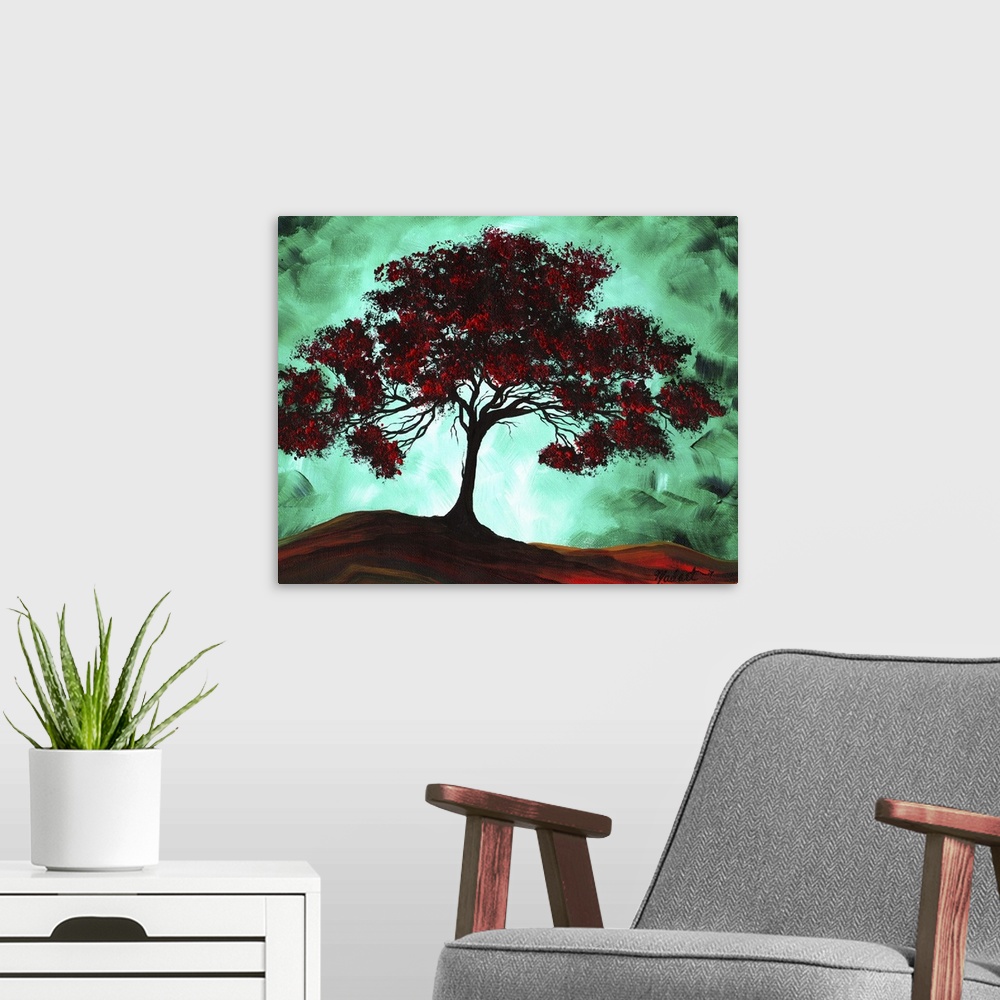 A modern room featuring Contemporary painting of a large tree that has red leaves and a glowing green background to contr...