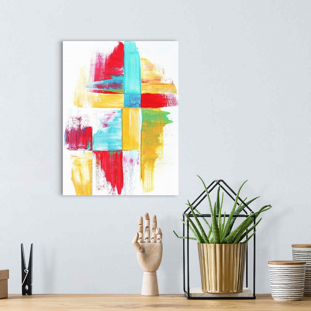 A bohemian room featuring Contemporary abstract painting using bright colors and geometric formations