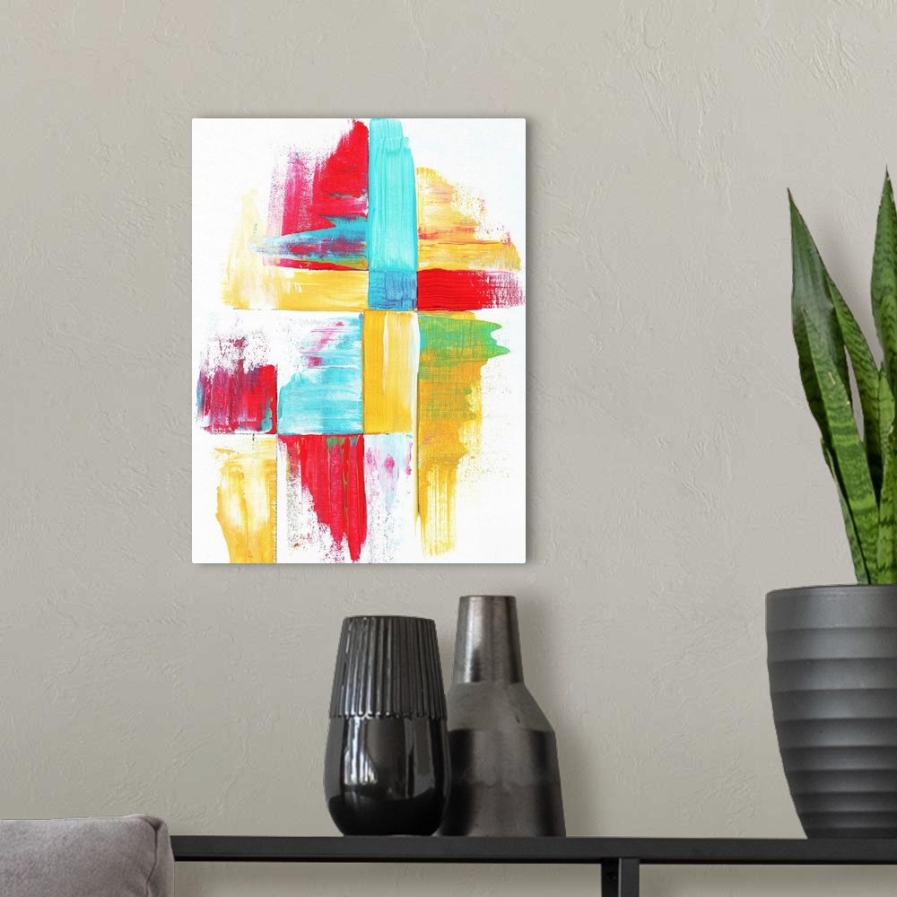 A modern room featuring Contemporary abstract painting using bright colors and geometric formations