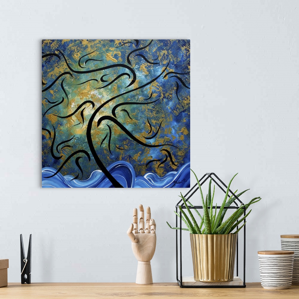 A bohemian room featuring Contemporary abstract art of ocean waves and a leaf filled sky blowing in the breeze.