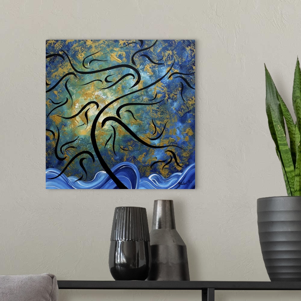 A modern room featuring Contemporary abstract art of ocean waves and a leaf filled sky blowing in the breeze.