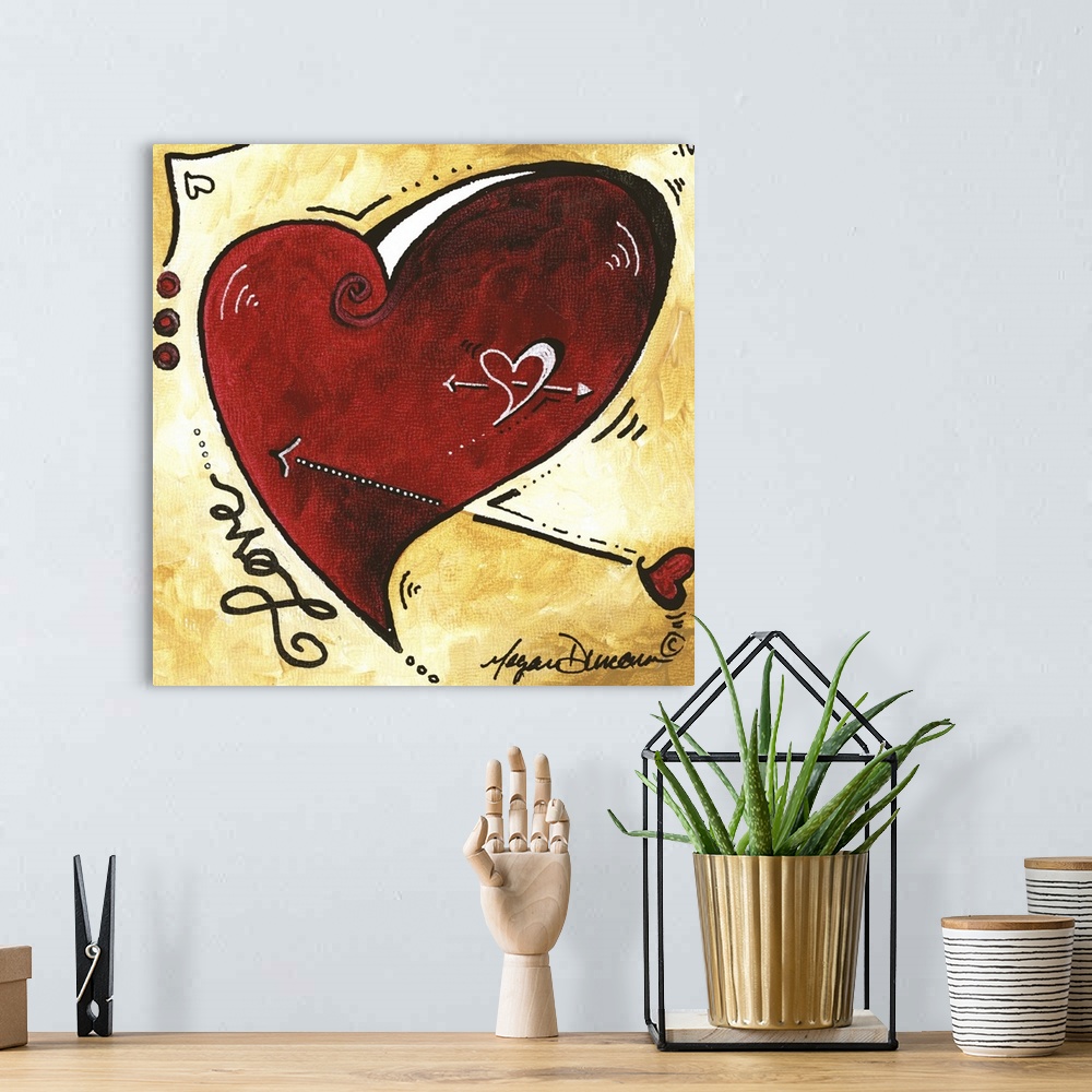 A bohemian room featuring Contemporary painting of a heart with an arrow through it against an earth toned background.