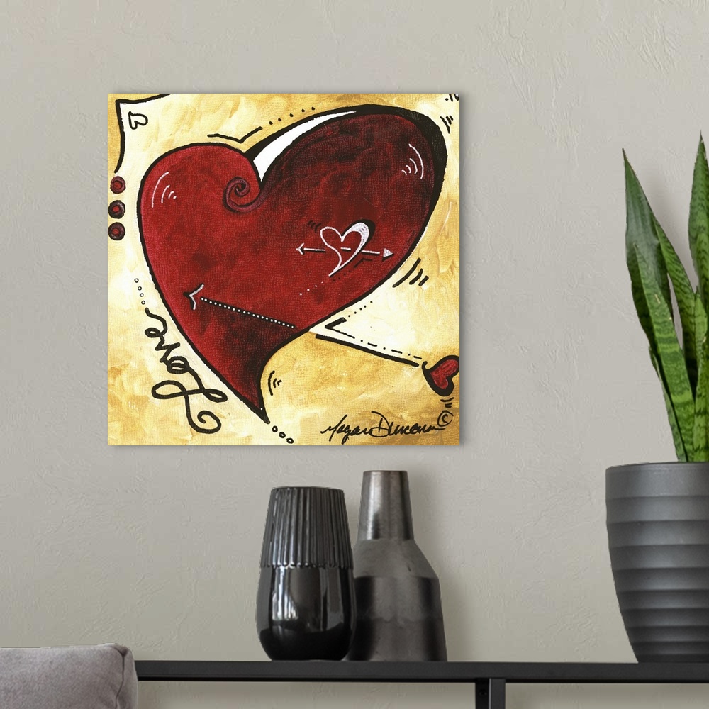A modern room featuring Contemporary painting of a heart with an arrow through it against an earth toned background.
