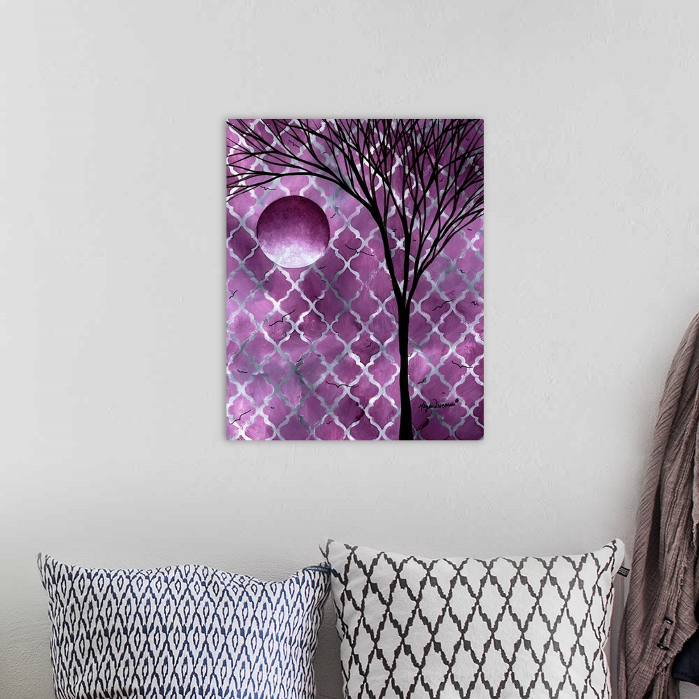 A bohemian room featuring Contemporary painting of a thin tree with many long branches and a full moon.