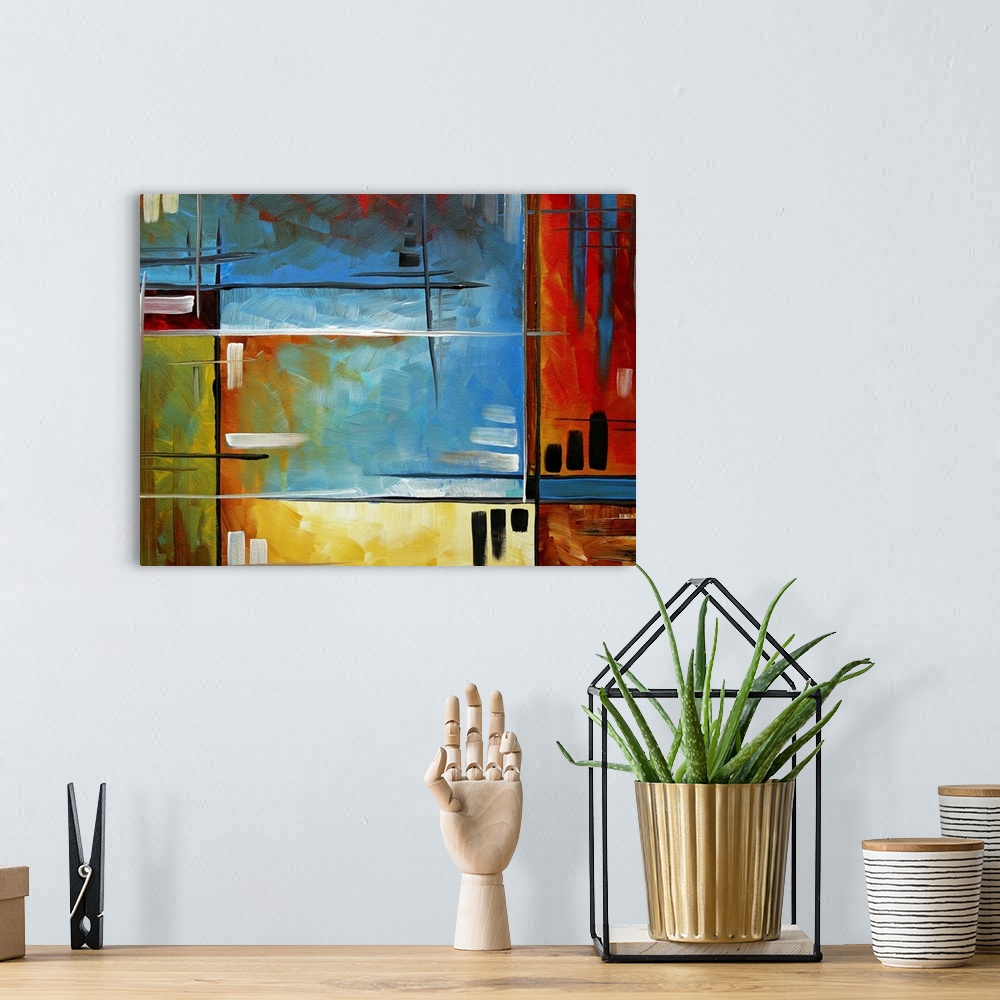 A bohemian room featuring Large abstract art includes bright and rich colors over a variety of rectangles.  Artist also use...