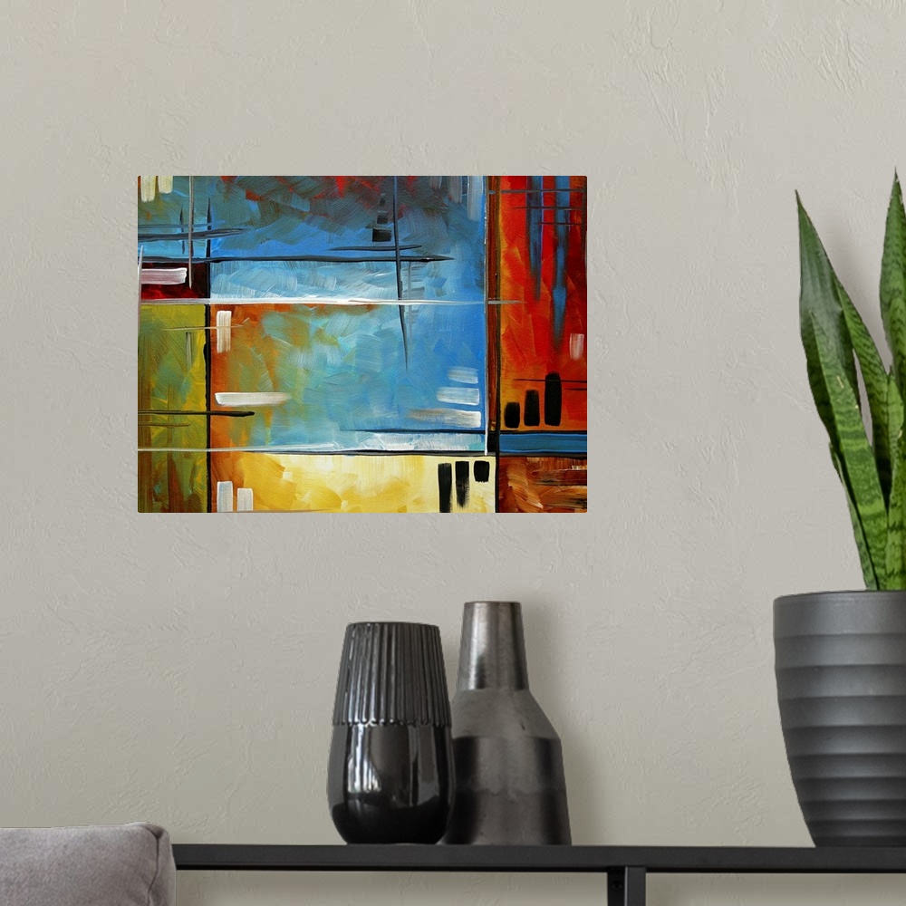 A modern room featuring Large abstract art includes bright and rich colors over a variety of rectangles.  Artist also use...