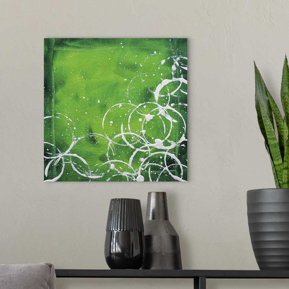 A modern room featuring This is an abstract square painting with a bold, dramatic richly texture that is comprised of fou...