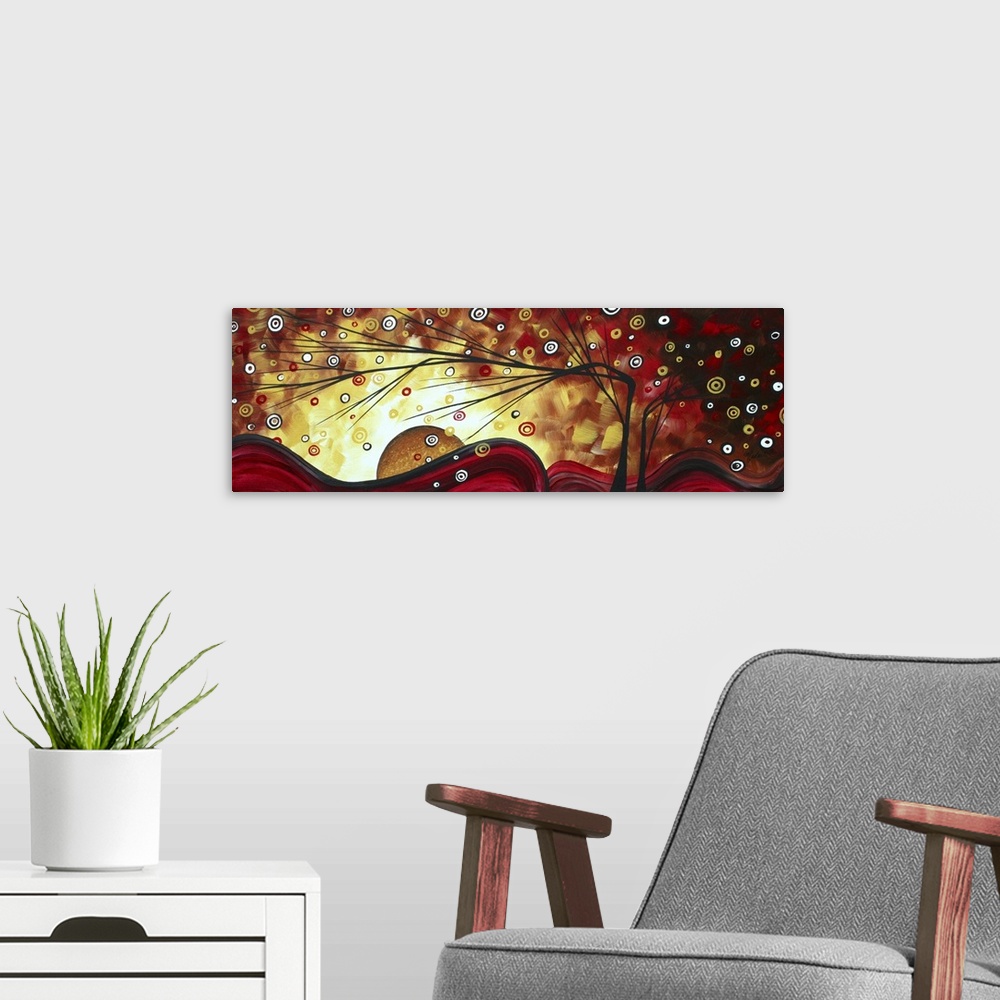 A modern room featuring Contemporary abstract panoramic artwork of tree silhouettes surrounded by multicolored circles va...