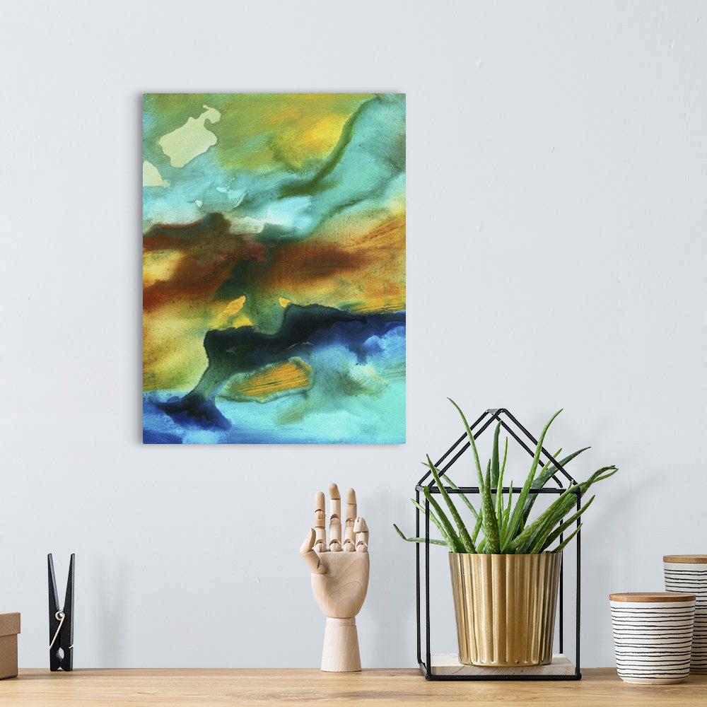 A bohemian room featuring This is a huge colorful and bold abstract piece. The fluid colors of rust, yellows and turquoise ...
