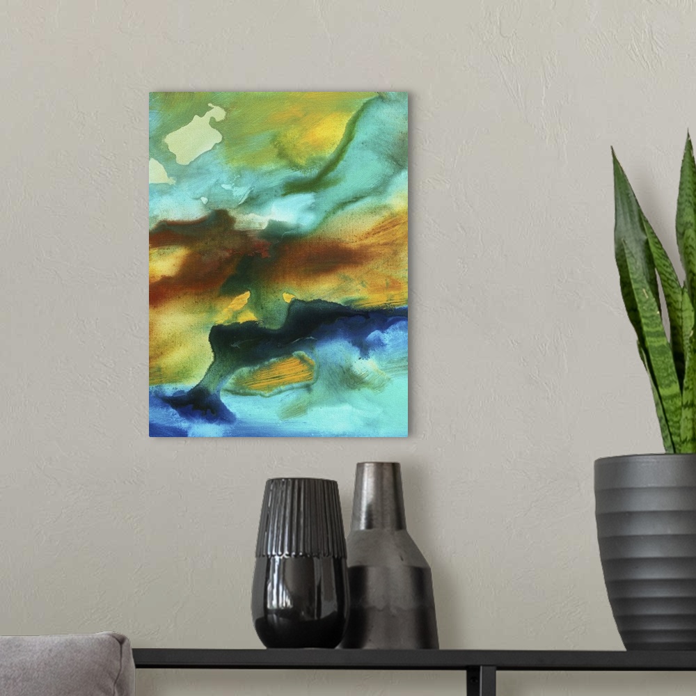 A modern room featuring This is a huge colorful and bold abstract piece. The fluid colors of rust, yellows and turquoise ...