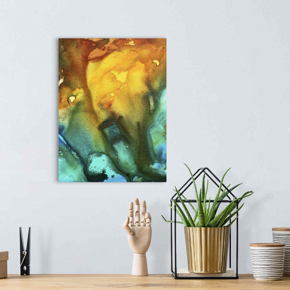 A bohemian room featuring This is a vertical Giclee print of a contemporary piece of art work created by warm and cool pain...