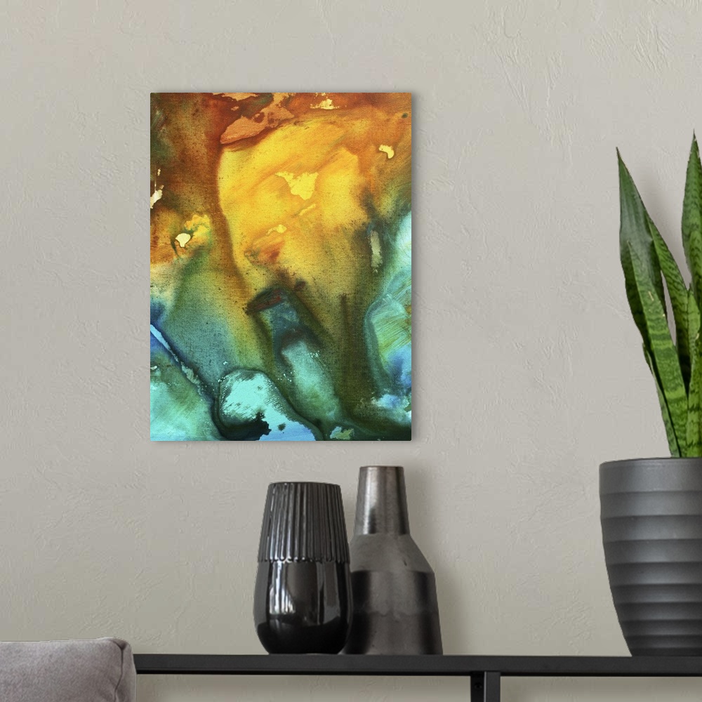 A modern room featuring This is a vertical Giclee print of a contemporary piece of art work created by warm and cool pain...
