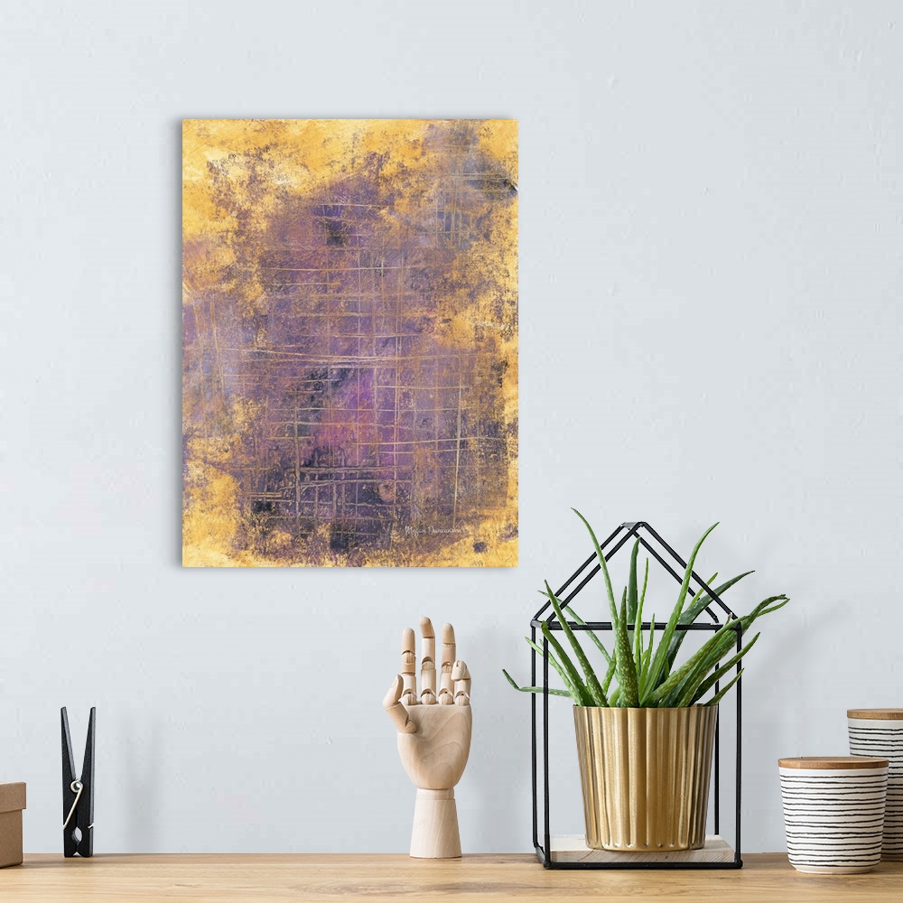 A bohemian room featuring A contemporary abstract painting that has a gold background with different shades of purple hues ...