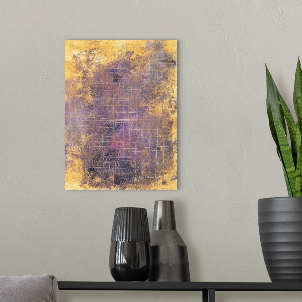 A modern room featuring A contemporary abstract painting that has a gold background with different shades of purple hues ...