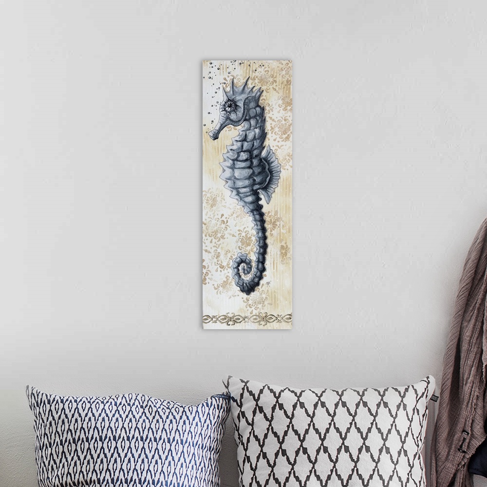 A bohemian room featuring Vertical painting of a seahorse on a floral background.