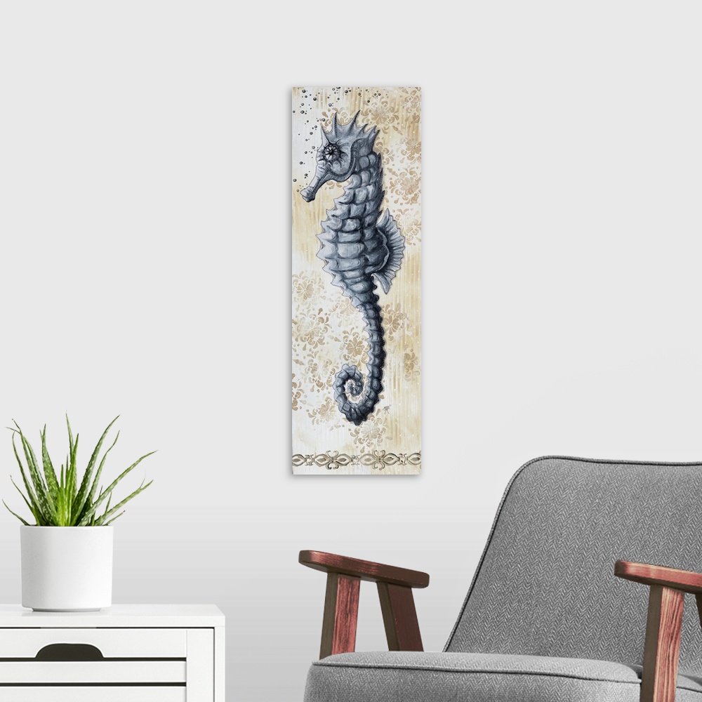 A modern room featuring Vertical painting of a seahorse on a floral background.