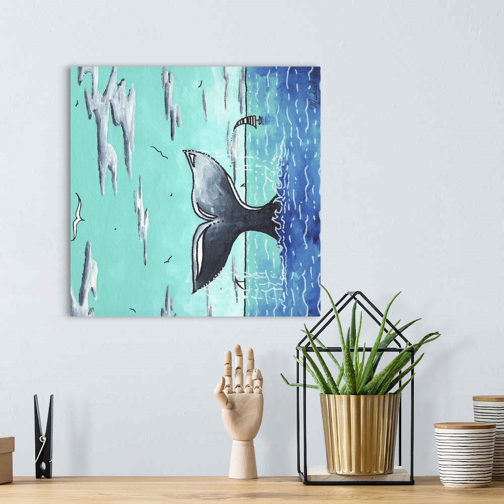 A bohemian room featuring Contemporary painting of a whales tail sticking up out from the ocean, with sailboats in the dist...