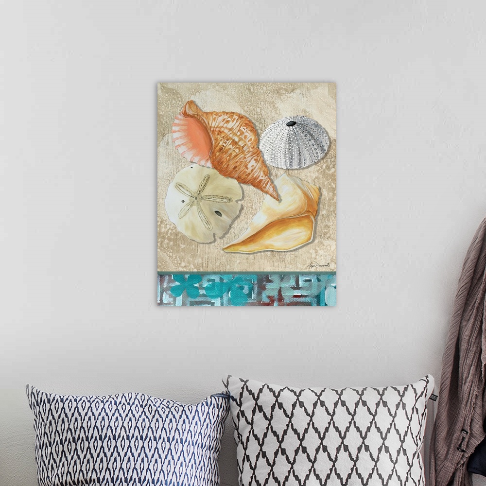 A bohemian room featuring Painting of a collection of four seashells on the sand, including a sea urchin and sand dollar.