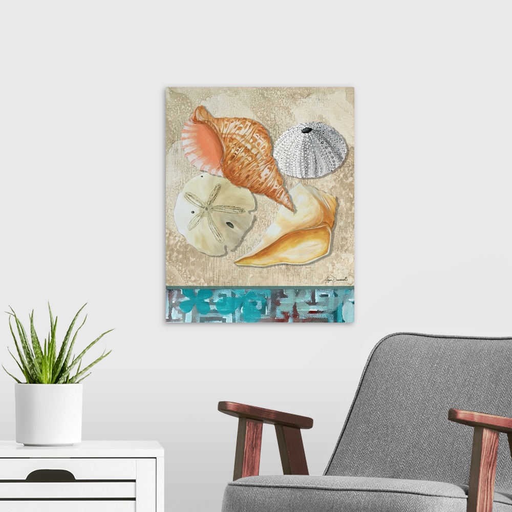 A modern room featuring Painting of a collection of four seashells on the sand, including a sea urchin and sand dollar.