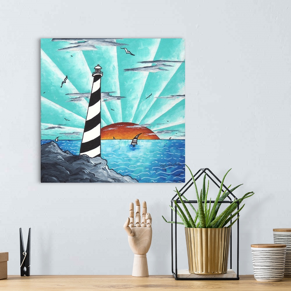 A bohemian room featuring Contemporary painting, of a black and white spiral lighthouse overlooking a sun setting over the ...