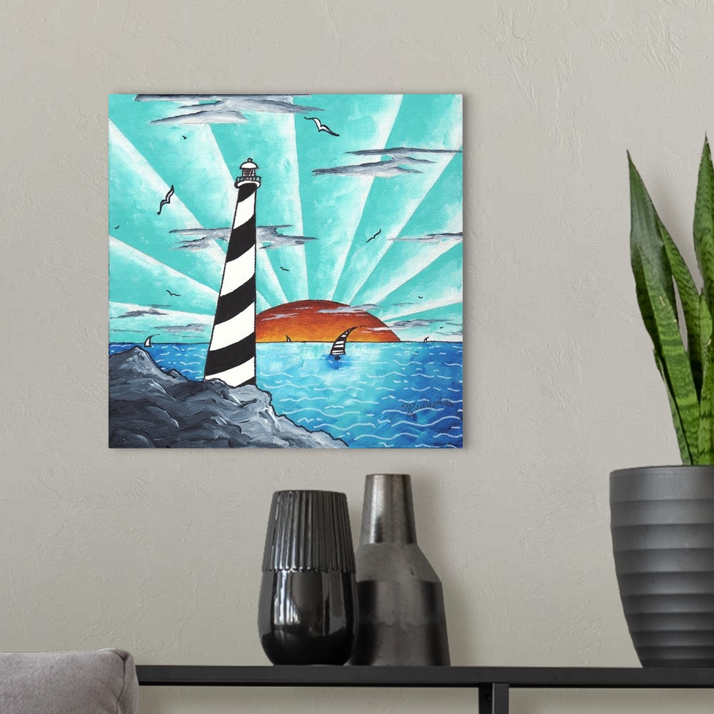 A modern room featuring Contemporary painting, of a black and white spiral lighthouse overlooking a sun setting over the ...