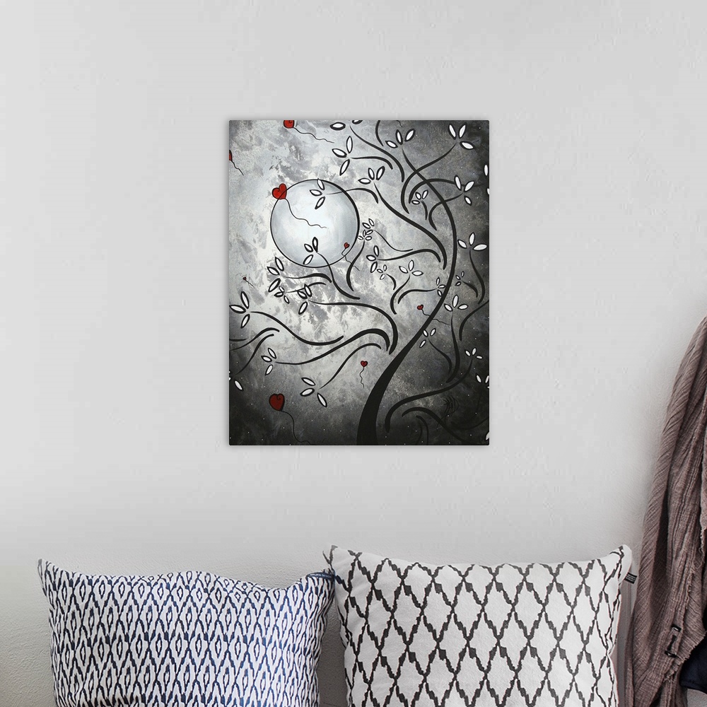 A bohemian room featuring This is a vertical painting of a stylized tree against an abstract moonlit sky with heart shaped ...