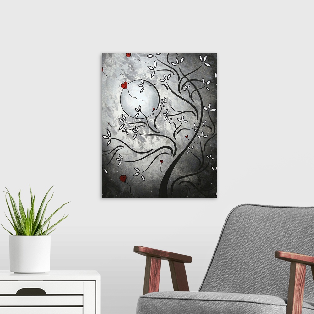 A modern room featuring This is a vertical painting of a stylized tree against an abstract moonlit sky with heart shaped ...