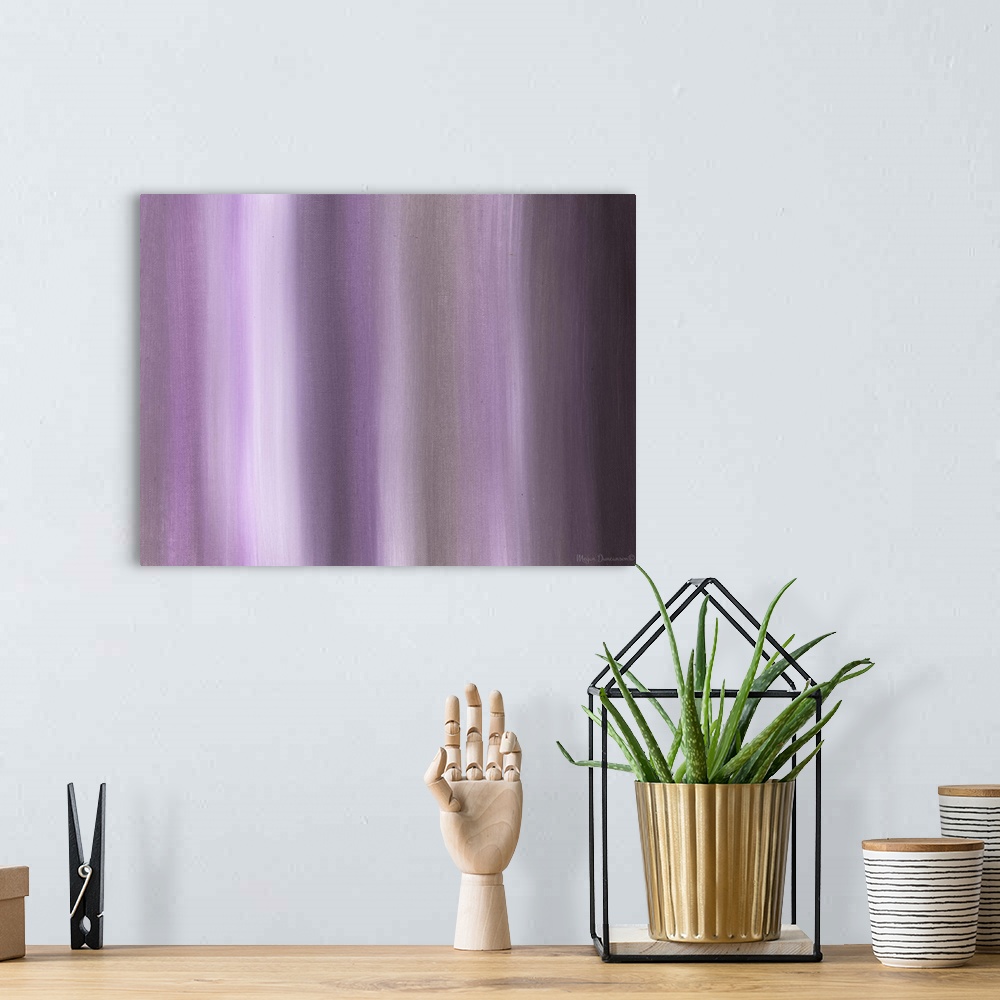 A bohemian room featuring A contemporary abstract painting that has varied shades of purple hues running smoothly and verti...