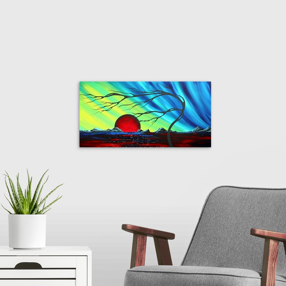A modern room featuring Abstract artwork of a deep red sun that sits on the horizon with a cool colored sky above it. A f...