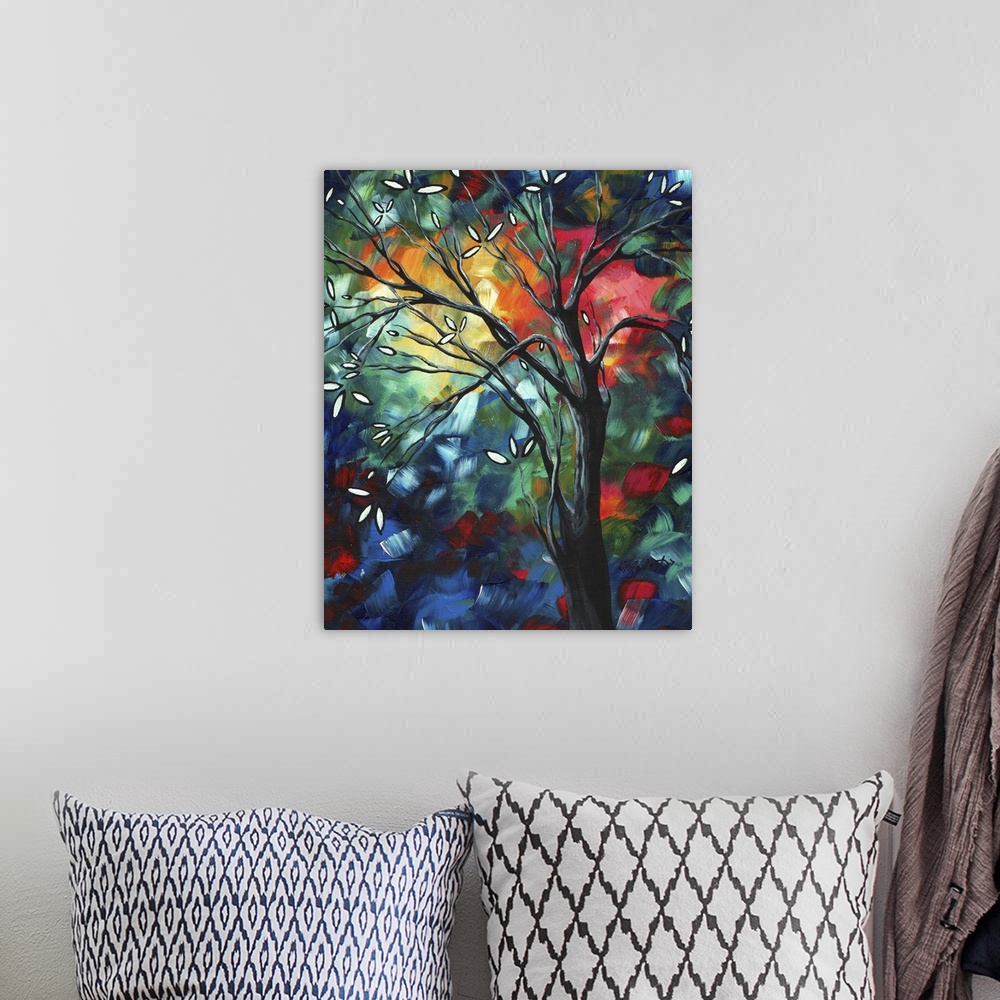 A bohemian room featuring A vertical painting of a tree with flower buds getting ready to bloom. The background is multi co...