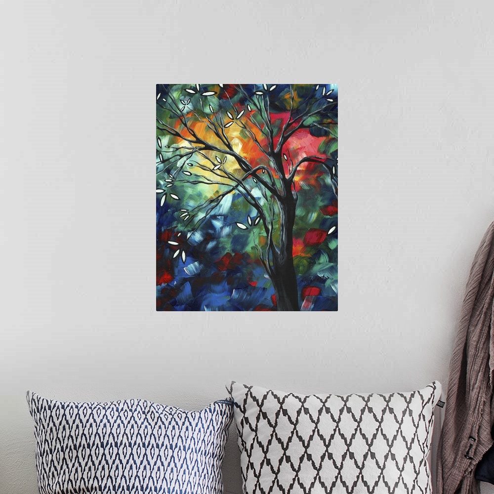 A bohemian room featuring A vertical painting of a tree with flower buds getting ready to bloom. The background is multi co...