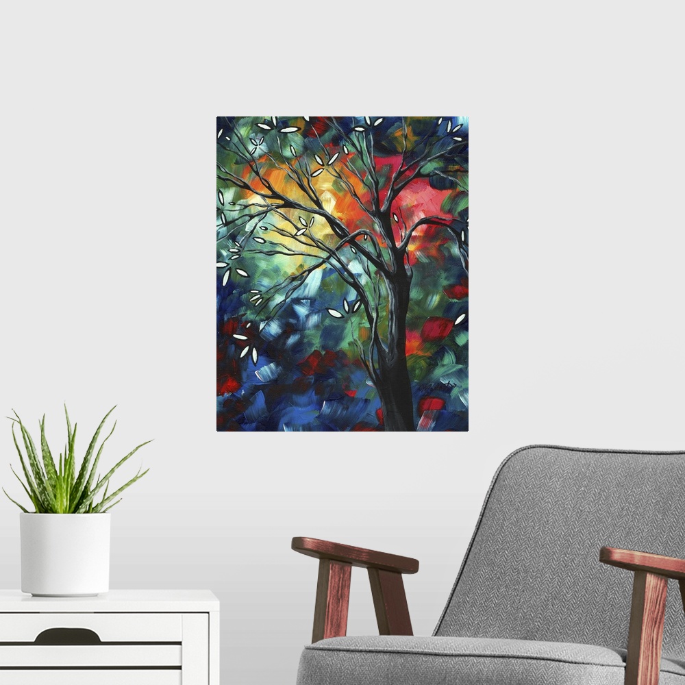 A modern room featuring A vertical painting of a tree with flower buds getting ready to bloom. The background is multi co...
