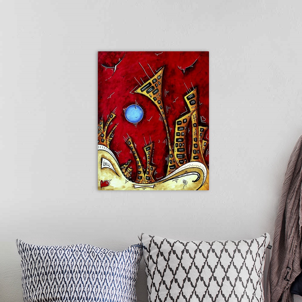 A bohemian room featuring An original, cityscape painting in MADART's signature style. This painting is funky and whimsical...