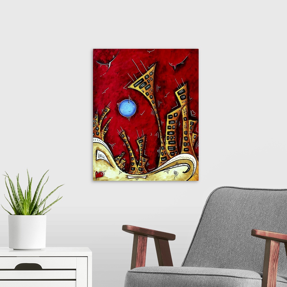 A modern room featuring An original, cityscape painting in MADART's signature style. This painting is funky and whimsical...