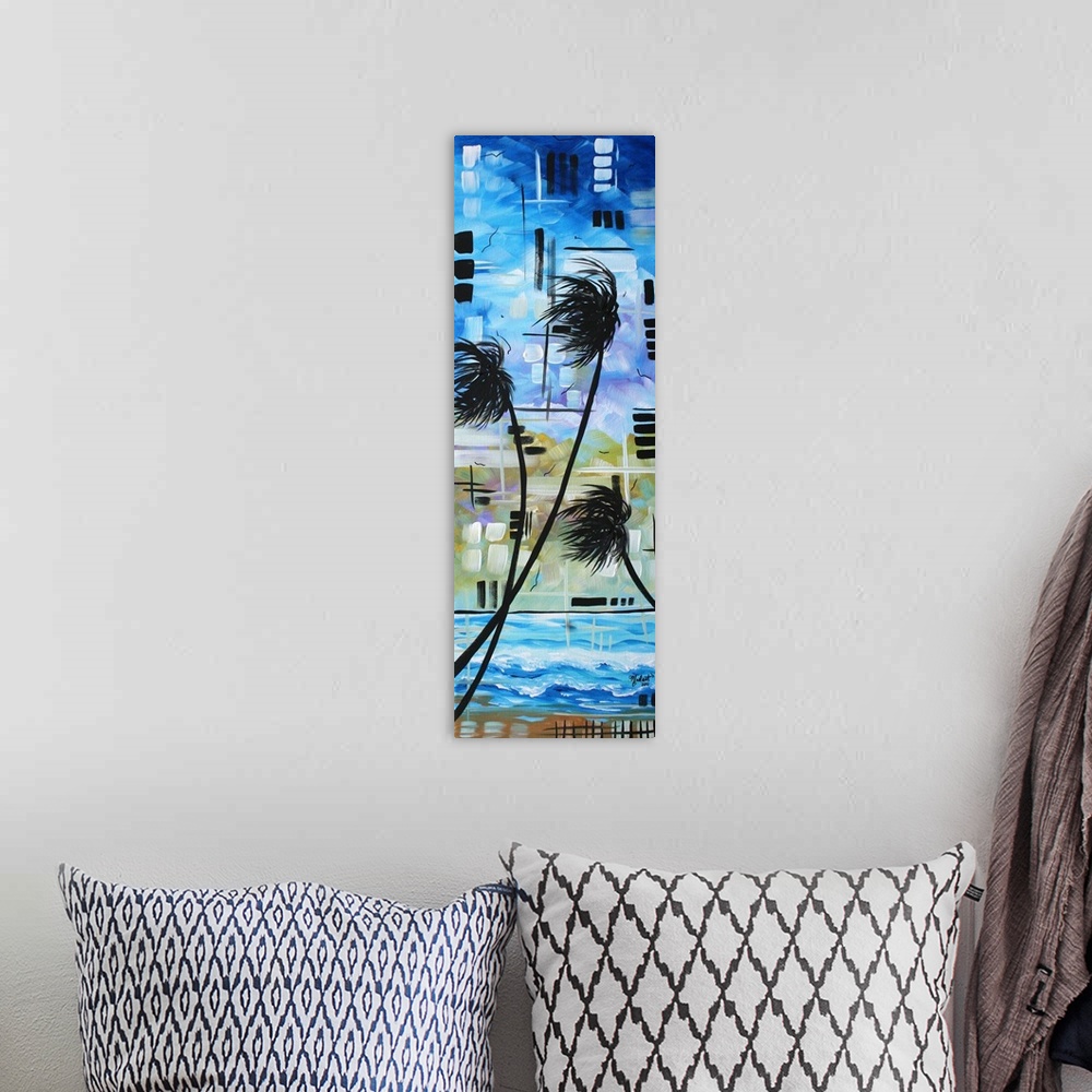 A bohemian room featuring An original, tropical, contemporary abstract landscape painting. Beautiful, vibrant rich colors o...