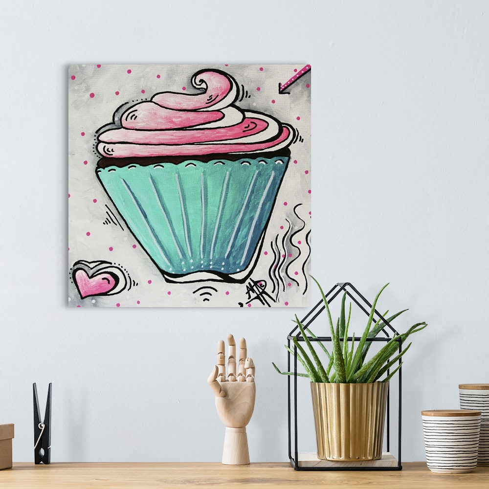 A bohemian room featuring Cute contemporary painting of a cupcake with bright pink frosting and a turquoise cup.