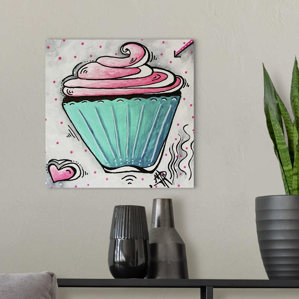 A modern room featuring Cute contemporary painting of a cupcake with bright pink frosting and a turquoise cup.