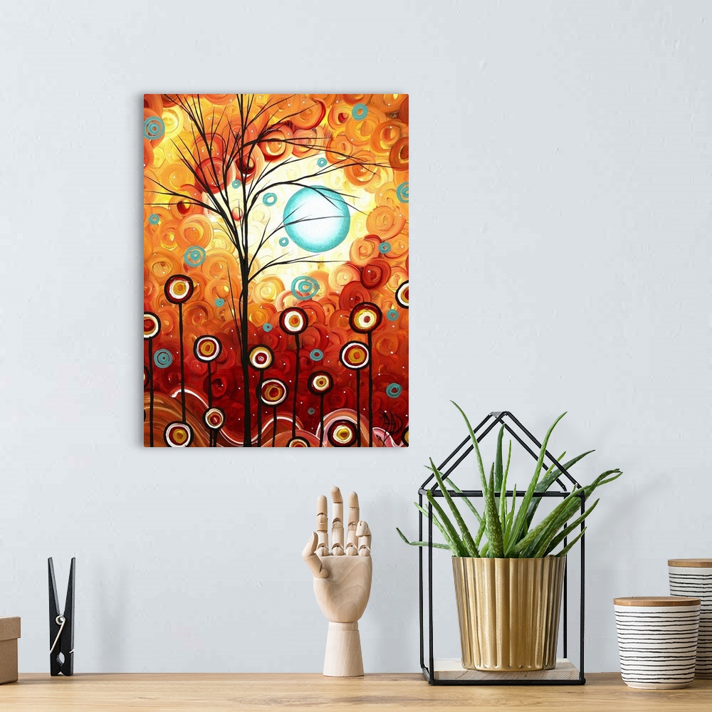 A bohemian room featuring A big abstract painting of trees and flowers represented as circles on lines in front of a sky ma...