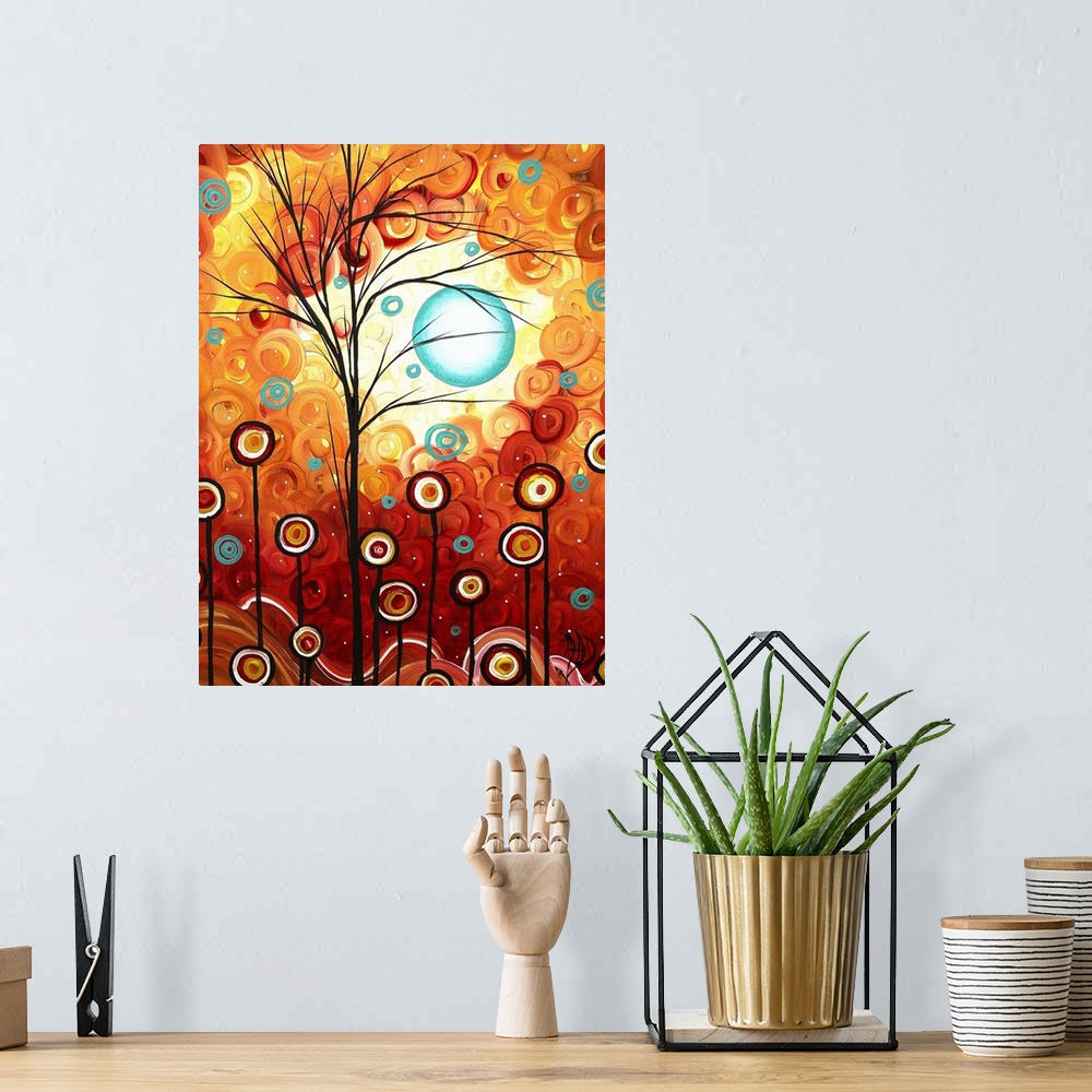 A bohemian room featuring A big abstract painting of trees and flowers represented as circles on lines in front of a sky ma...