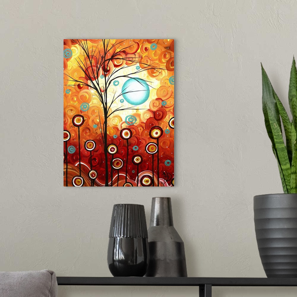 A modern room featuring A big abstract painting of trees and flowers represented as circles on lines in front of a sky ma...