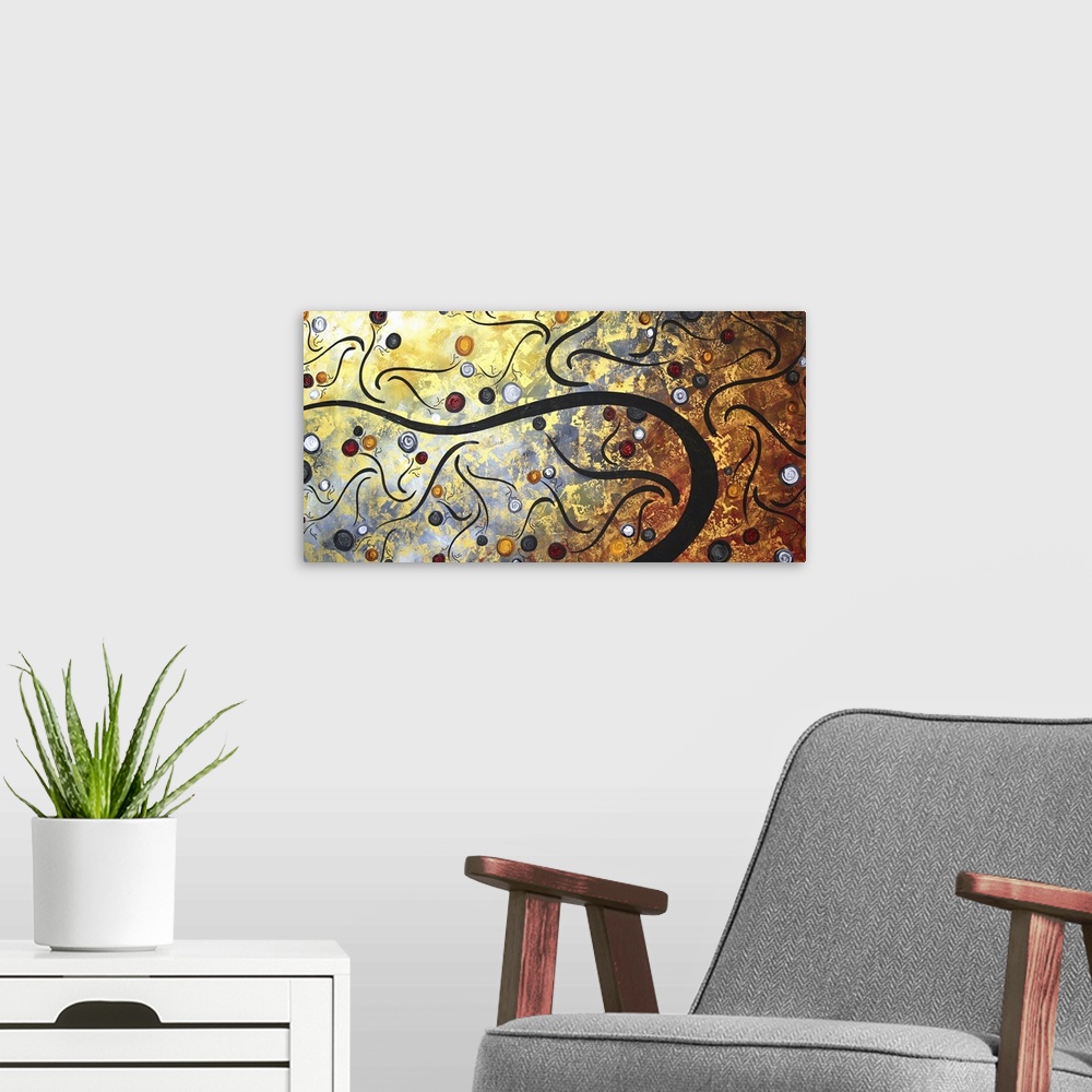 A modern room featuring Giant, horizontal abstract artwork of a bending tree branch with many small, swirling branches su...