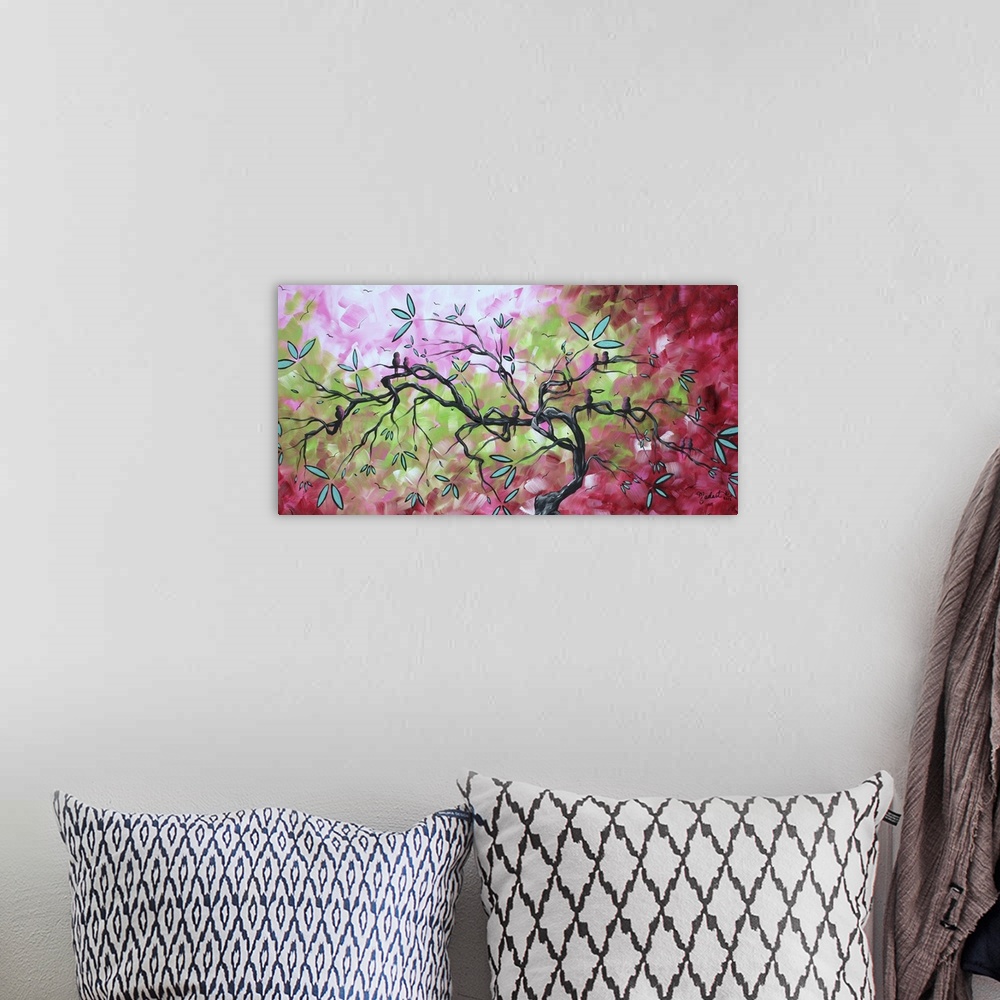A bohemian room featuring Panoramic painting of branched tree with leaves and abstract background.