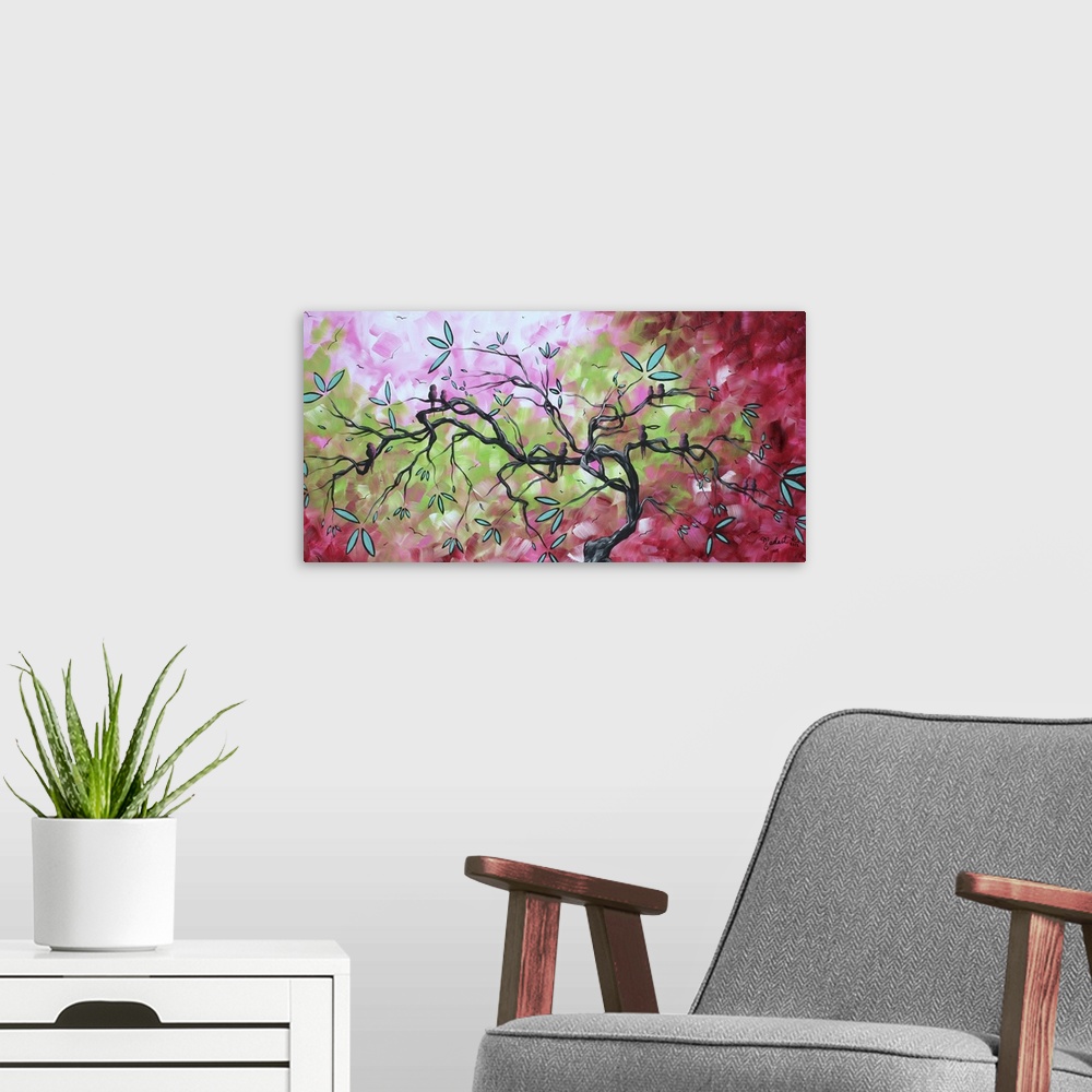 A modern room featuring Panoramic painting of branched tree with leaves and abstract background.