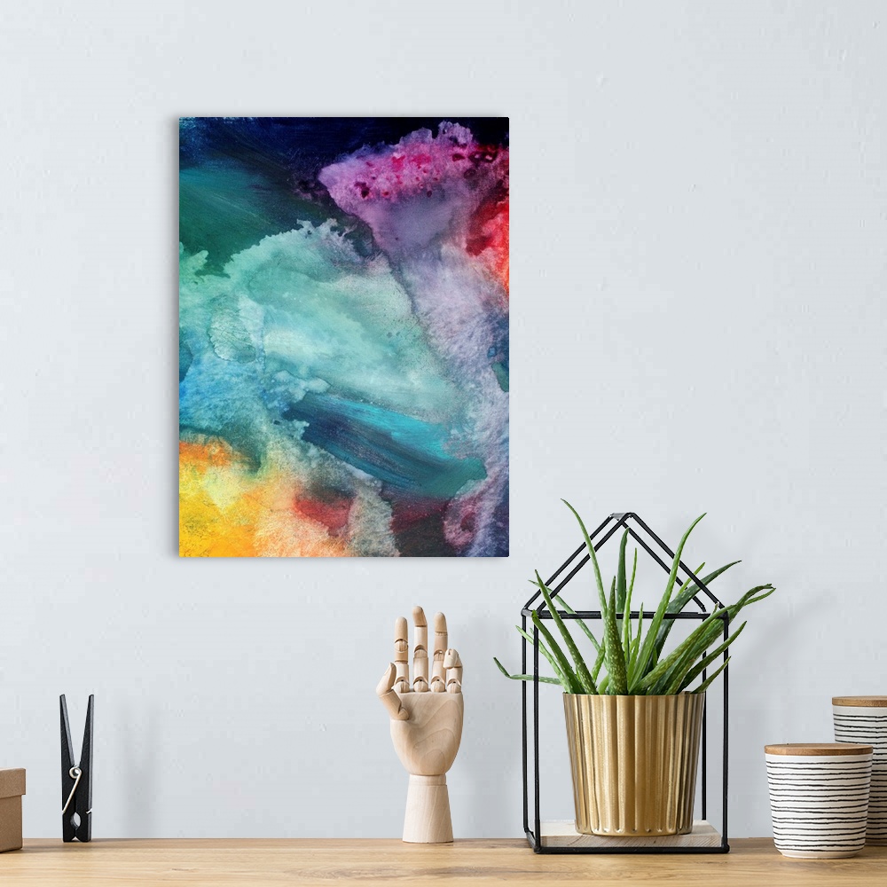 A bohemian room featuring Vertical, big abstract painting of fluid variety of colors swirling together like liquid.