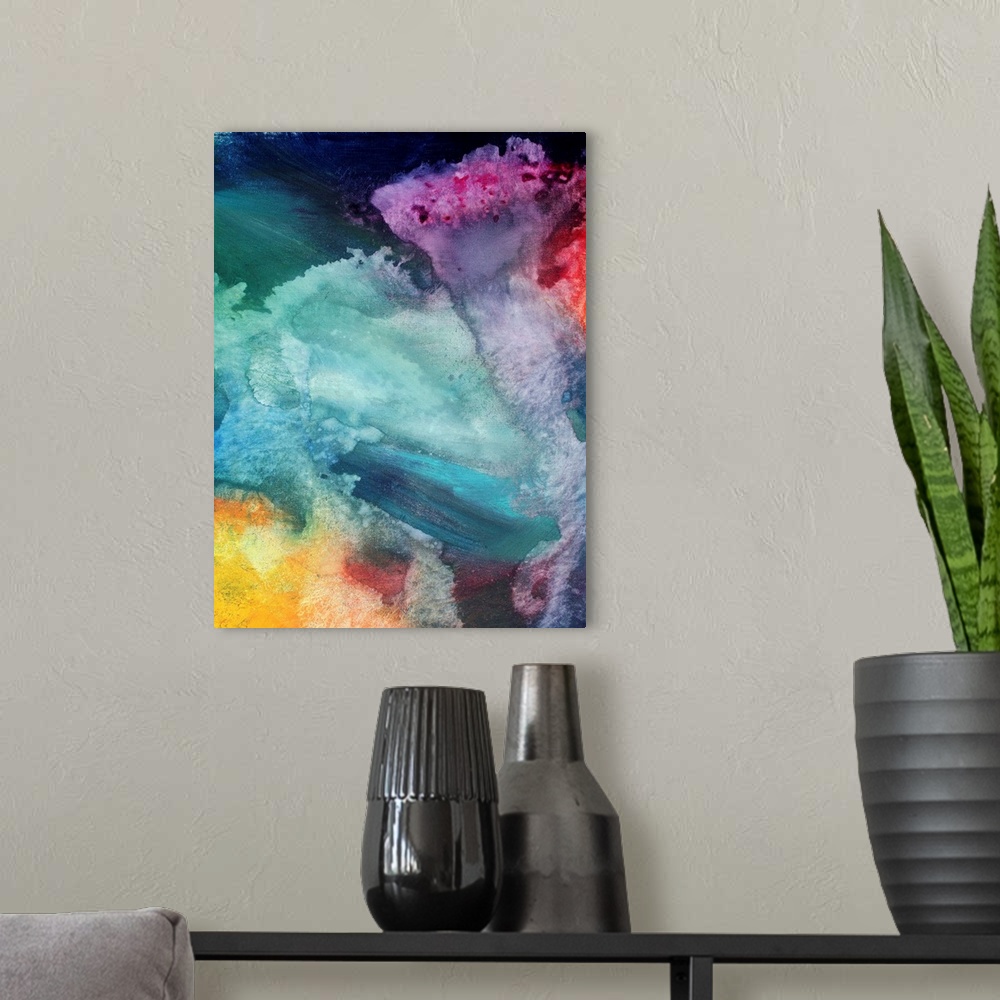 A modern room featuring Vertical, big abstract painting of fluid variety of colors swirling together like liquid.
