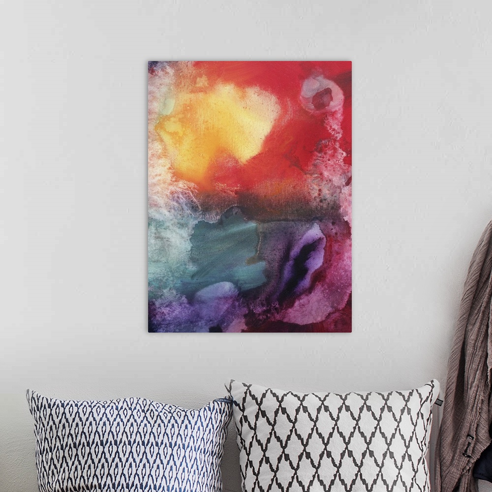 A bohemian room featuring Abstract artwork that is filled with fluid colors of reds, yellows, magenta, violet and blue acce...